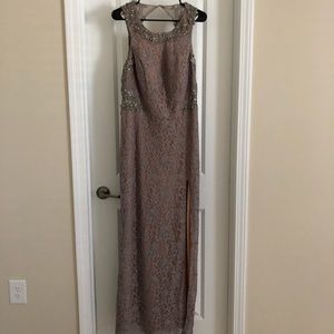 Beautiful gray and tan lace dress with slit
